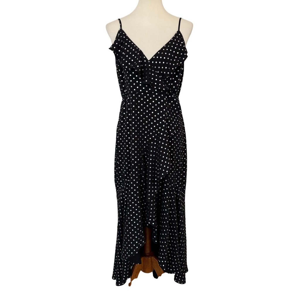 MSK Black Polka Dot Ruffle High Low Midi Dress Womens Medium Silver